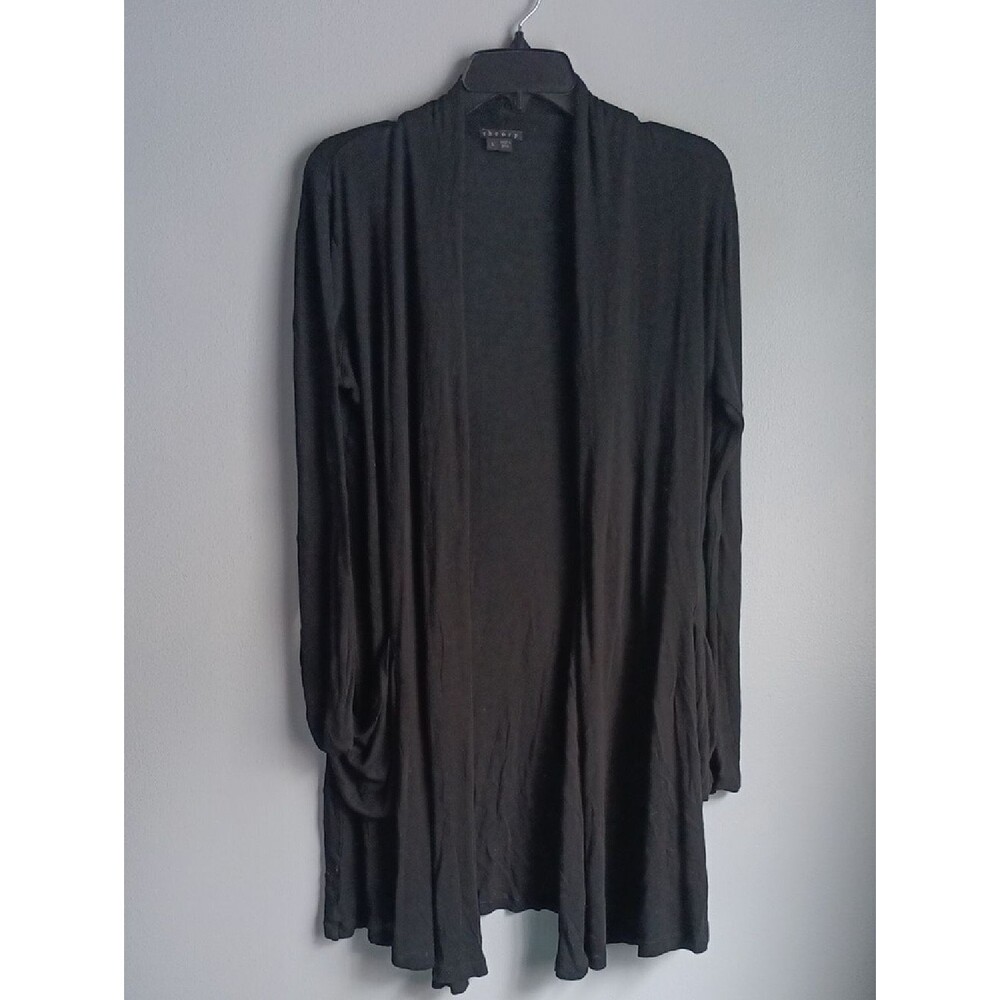 Theory Black Silk Blend Long Open Cardigan